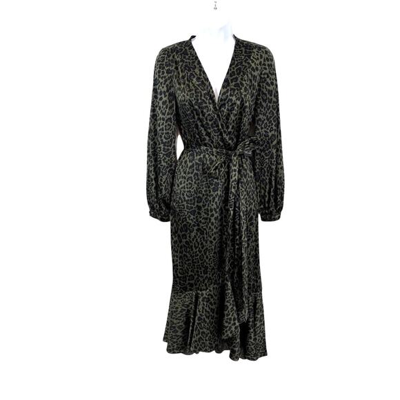 Express Dresses & Skirts - Express Silky Wrap Dress Ruffled Midi Green Leopard S- Old Money
